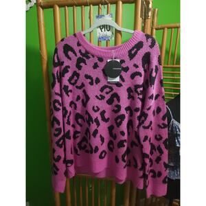 NWT Mottoshop Bright Pink Black Leopard Print Knit Sweater Crewneck Size L